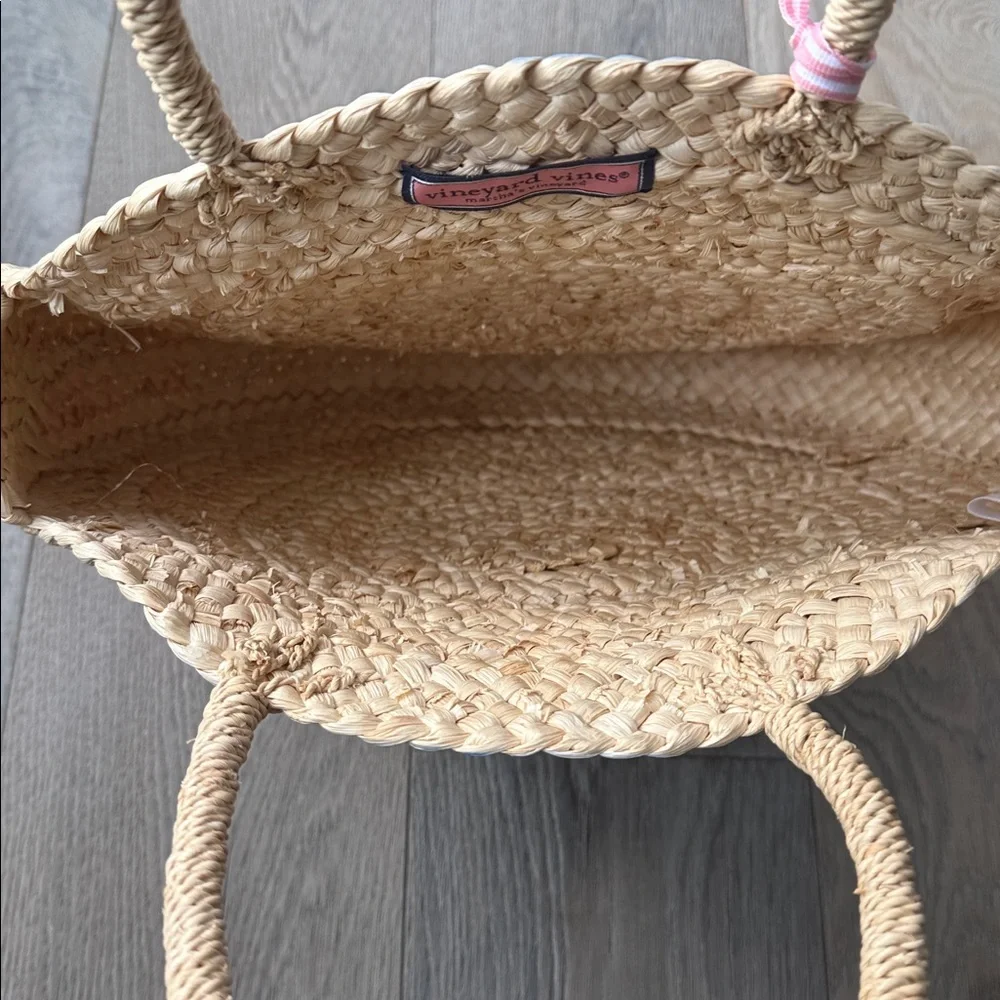 Vineyard Vines Woven Straw Round Tote Natural w/Deep Bay Sky Blue & White Stripe - Picture 8 of 8